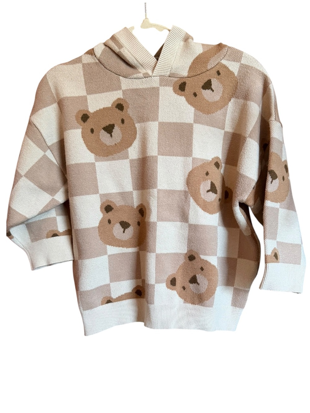 Next Beige & Cream Bear Checker Hooded Sweater Size 2/3